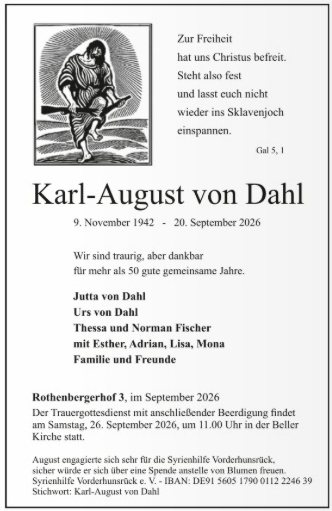 Todesanzeige für Karl-August von Dahl, September 2026