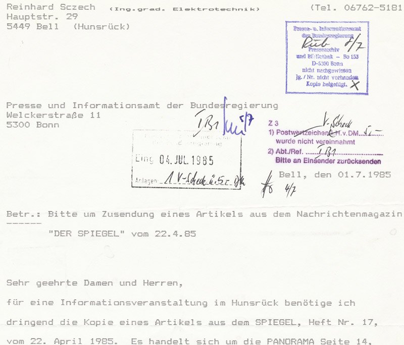 Pressestelle des Bundestages schickt die "geheime" Karte in den Hunsrück. Meine 5,- DM werden ordentlich verbucht.